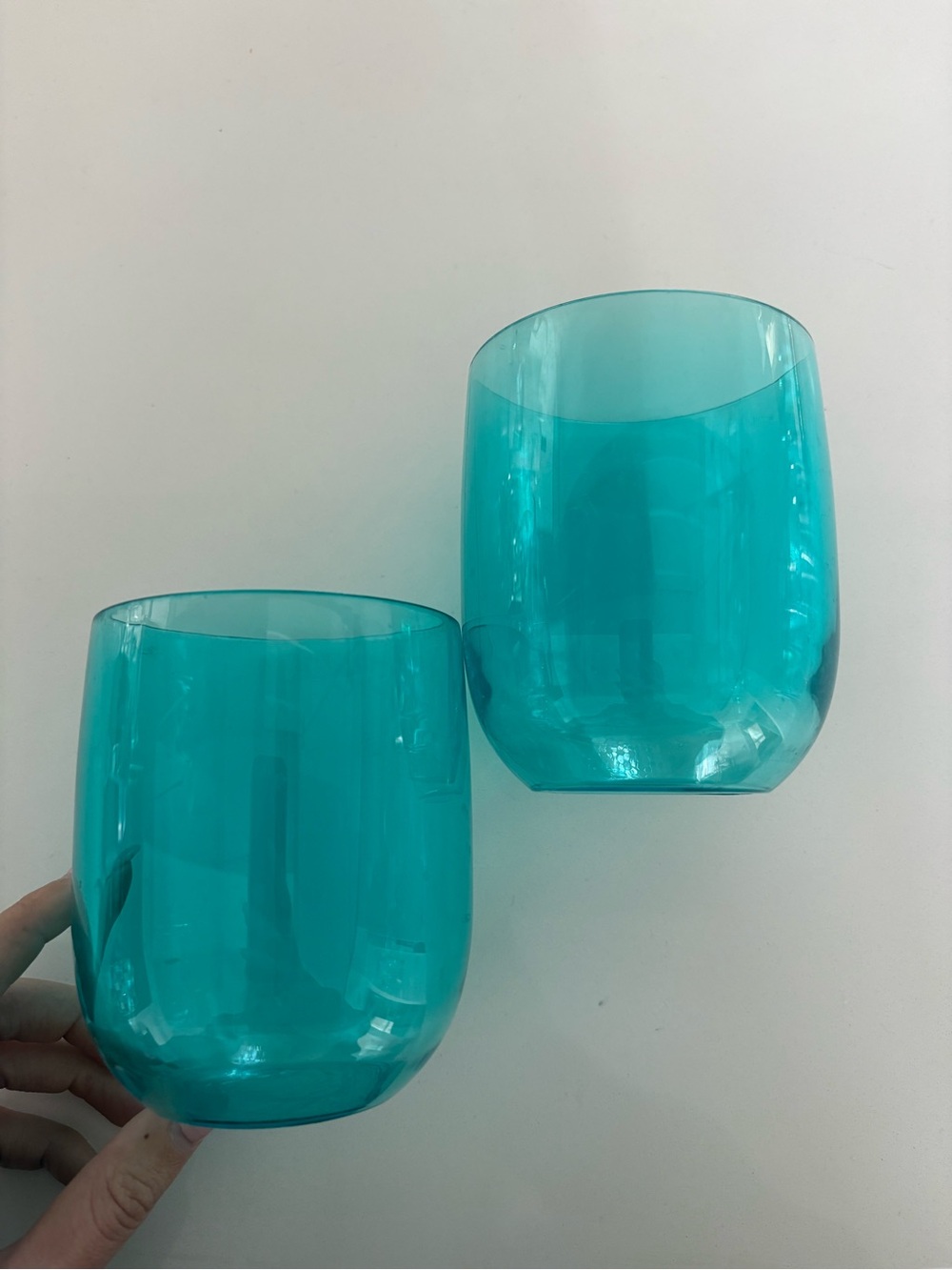 Set of Two Turquoise Stemless Plastic Wine Glasses